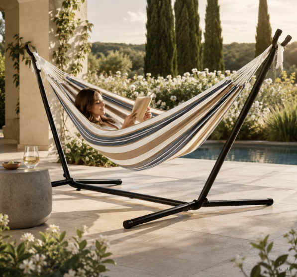 VERANO Хамак TX-S004 со самостоечка конструкција и торба – 300 × 117 × 100 cm